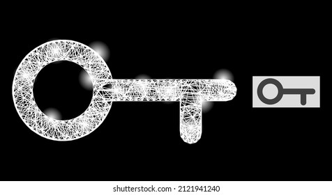 Majestic crossing mesh key with light spots on a black background. Bright vector structure is based on key symbol, with intersected network and light spots.