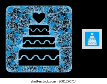 Majestic crossing mesh marriage cake with light spots on a black background. Light vector mesh created from marriage cake icon, with intersected mesh and light dots.