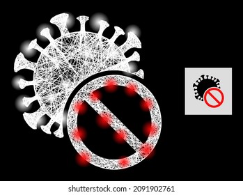 Majestic crossing mesh no Covid virus icon with light spots and white mesh on a black background. Bright vector structure is created from no Covid virus icon,