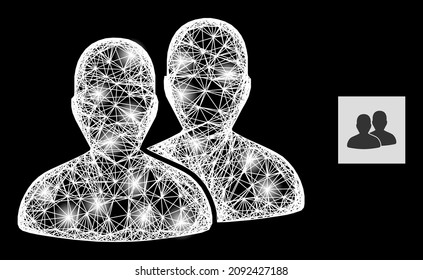 Majestic crossing mesh users icon with glowing spots and white mesh on a black background. Light vector constellation is based on users pictogram,