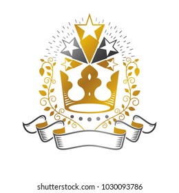 Majestic Crown emblem. Heraldic Coat of Arms decorative logo isolated vector illustration. Antique logotype on white background.