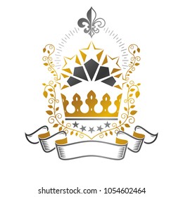 Majestic Crown emblem. Heraldic Coat of Arms decorative logo isolated vector illustration. Ancient logotype on white background.