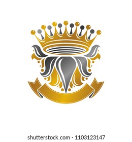 Majestic Crown emblem. Heraldic Coat of Arms decorative logo isolated vector illustration. Ornate logotype on white background.