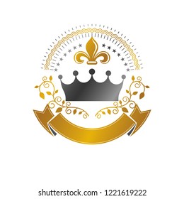 Majestic Crown emblem. Heraldic Coat of Arms decorative logo isolated vector illustration. Ornate logotype on white background.