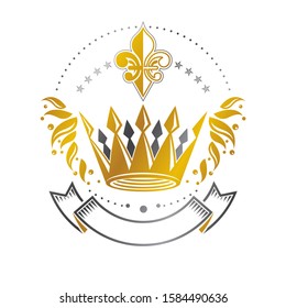 Majestic Crown emblem. Heraldic Coat of Arms decorative logo isolated vector illustration. Retro logotype on white background.