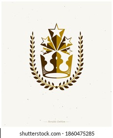 Majestic Crown emblem. Heraldic Coat of Arms decorative logo isolated vector illustration. Retro logotype on white background.