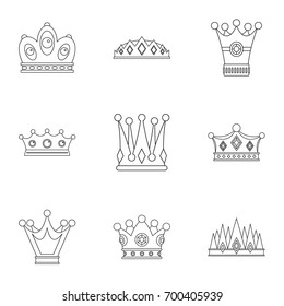 Majestic crown icon set. Outline set of 9 majestic crown vector icons for web isolated on white background