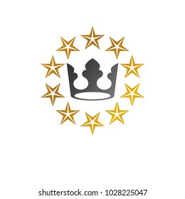 Majestic Crown, Pentagonal Star vector illustration. Heraldic decorative logo. Antique logotype isolated on white background.