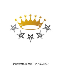 Majestic Crown, Pentagonal Star vector illustration. Heraldic decorative logo. Antique logotype isolated on white background.