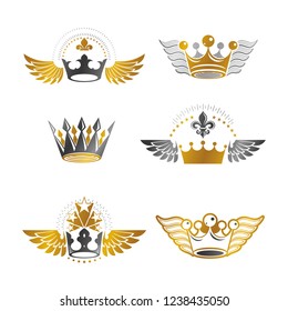 Majestic Crowns and Ancient Stars emblems set. Heraldic Coat of Arms decorative logos isolated vector illustrations collection.