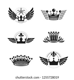 Majestic Crowns and Ancient Stars emblems set. Heraldic Coat of Arms decorative logos isolated vector illustrations collection.