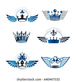 Majestic Crowns and Ancient Stars emblems set. Heraldic Coat of Arms decorative logos isolated vector illustrations collection.