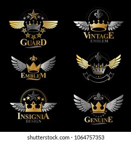 Majestic Crowns emblems set. Heraldic Coat of Arms decorative logos isolated vector illustrations collection.