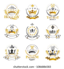 Majestic Crowns emblems set. Heraldic Coat of Arms decorative logos isolated vector illustrations collection.