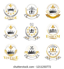 Majestic Crowns emblems set. Heraldic Coat of Arms decorative logos isolated vector illustrations collection.