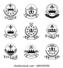 Majestic Crowns emblems set. Heraldic Coat of Arms decorative logos isolated vector illustrations collection.