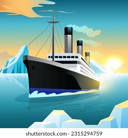 Majestic Cruise Ship Segelboot auf dem Ozean zwischen Icebergs realistische Illustration