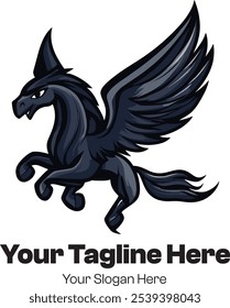 Majestic Dark Pegasus Logo with Fierce Expression and Elegant Wings for Fantasy Branding