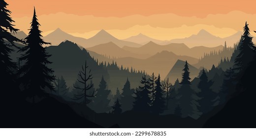 Majestic Dawn Mountainscape  Vector Forest Hiking Background with Pine Trees and Silhouetted Peaks