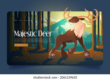 Majestic deer banner with big stag in forest. Vector landing page of wildlife nature with cartoon illustration of hoofed animal with antlers in woodland with pine trunks and mountains on horizon