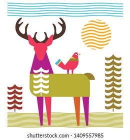 Majestic Deer Buck with Bird Nature Scandinavain Finnish inspired 