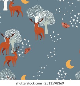 Majestic Deer in Enchanted Night Forest Pattern