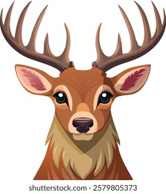 A majestic deer with large, detailed antlers and deep, expressive eyes. Its fur is a rich brown with golden highlights, and its ears are perked up, giving it an alert and noble appearance