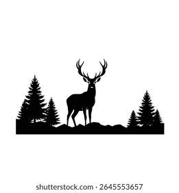 Majestic Deer Silhouette on Mountain Landscape – Wildlife Nature Scene Vector	