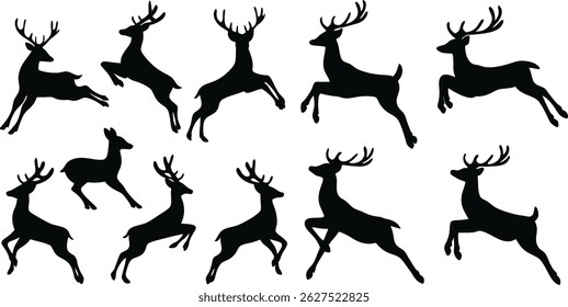Majestic Deer Silhouette Set - Elegant Buck and Doe Outlines for Logos, Holiday Decor and Wildlife Designs. High-Resolution Vector Files in Black and White. Perfect for Branding, Christmas Wall Art