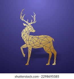 Majestic deer stands on purple background. Polygonal style. Golden reindeer. 