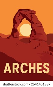 The majestic Delicate Arch in Arches National Park is silhouetted by the setting sun, casting long shadows and highlighting the natural beauty of the Utah desert landscape.