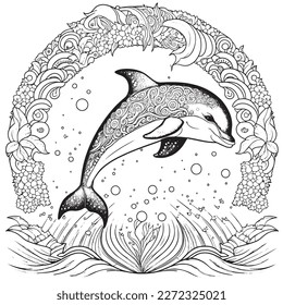 A majestic Dolphin illustration in a stylish composition. Adult coloring book pages made freehand with doodle and Zentangle elements., Vector  illustration