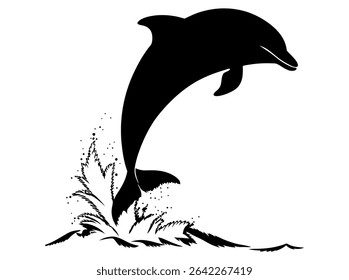 Majestic Dolphin Leaping Out of Water, silhouette of a dolphin leaping gracefully out of the water, creating a splash,  sea, ocean, marine, wildlife, animal, nature, freedom, splash, water, stylized.