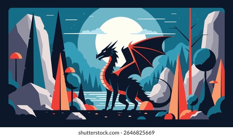 Majestic Dragon Creature Standing Proudly Under a Large Full Moon in a Pixelated Forest Landscape