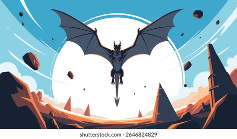 Majestic Dragon Soaring Through a Pixelated Sky Above a Barren Landscape Under a Bright Moon