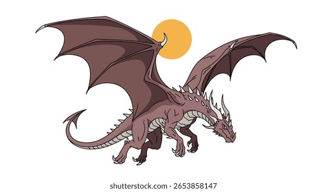 Dragão majestoso voando pelo céu sob um sol radiante com asas estendidas e garras poderosas