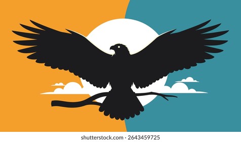 Majestic Eagle Flight Silhouette Against Moon Peaceful Sky Serenity Still Life