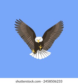 Majestic eagle in flight, its wings spread wide against a blue sky, captured in a simplistic and stylized vector illustration.