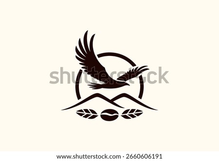 Majestic eagle flying over mountains with coffee bean emblem perfect for premium coffee brands