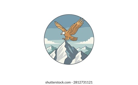 Majestic eagle flying over a snow capped mountain peak framed within a circular design set against a clear blue sky.