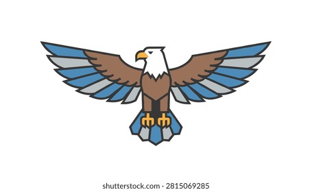Majestic eagle graphic illustration with outspread blue and brown wings depicted on a clean white background.
