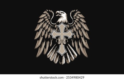 Majestic eagle holding a cross with detailed wings.