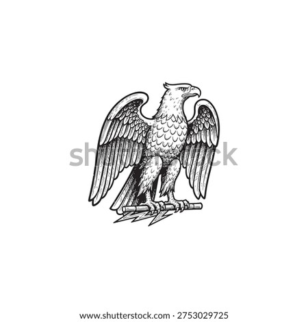 Majestic eagle with outstretched wings, perched on a branch holding a lightning bolt, french imperial symbol, vintage black and white illustration
