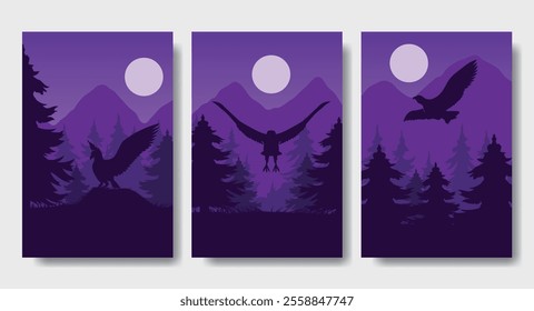 The Majestic Eagle - Silhouette Design Set, Beautiful 2D Landscape Silhouette Wallpaper Set