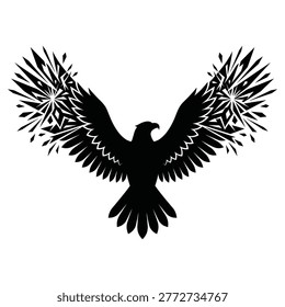 Majestic Eagle Silhouette with Tribal Pattern Wings Vector Illustration - Stylized Flying Bird of Prey Logo Design.