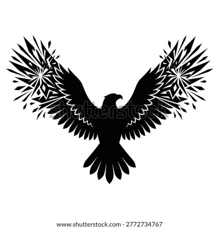 Majestic Eagle Silhouette with Tribal Pattern Wings Vector Illustration - Stylized Flying Bird of Prey Logo Design.
