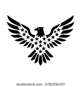 Majestic eagle silhouette with wings spread decorated with stars representing American flag isolated on white backdrop.