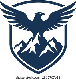 Majestic eagle soaring above rugged mountains in a striking emblematic design