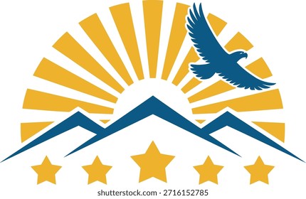 Águila majestuosa que se eleva sobre la cordillera con Sunrise Sunburst y el logotipo del Vector de cinco estrellas