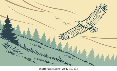 Majestic eagle soaring over a serene mountain landscape with pine trees. Vintage-style vector illustration capturing nature's beauty and freedom.